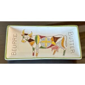 French Butter Dish Beurre‎ Etched Hand Painted Cow Clay 6x3" Flat Italy Numbered